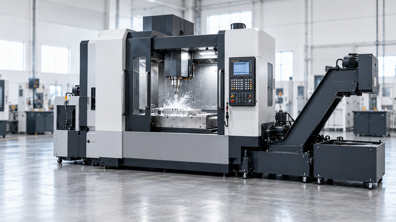 Representative CNC machining centre with chip conveyor and coolant tank; AI-generated concept image