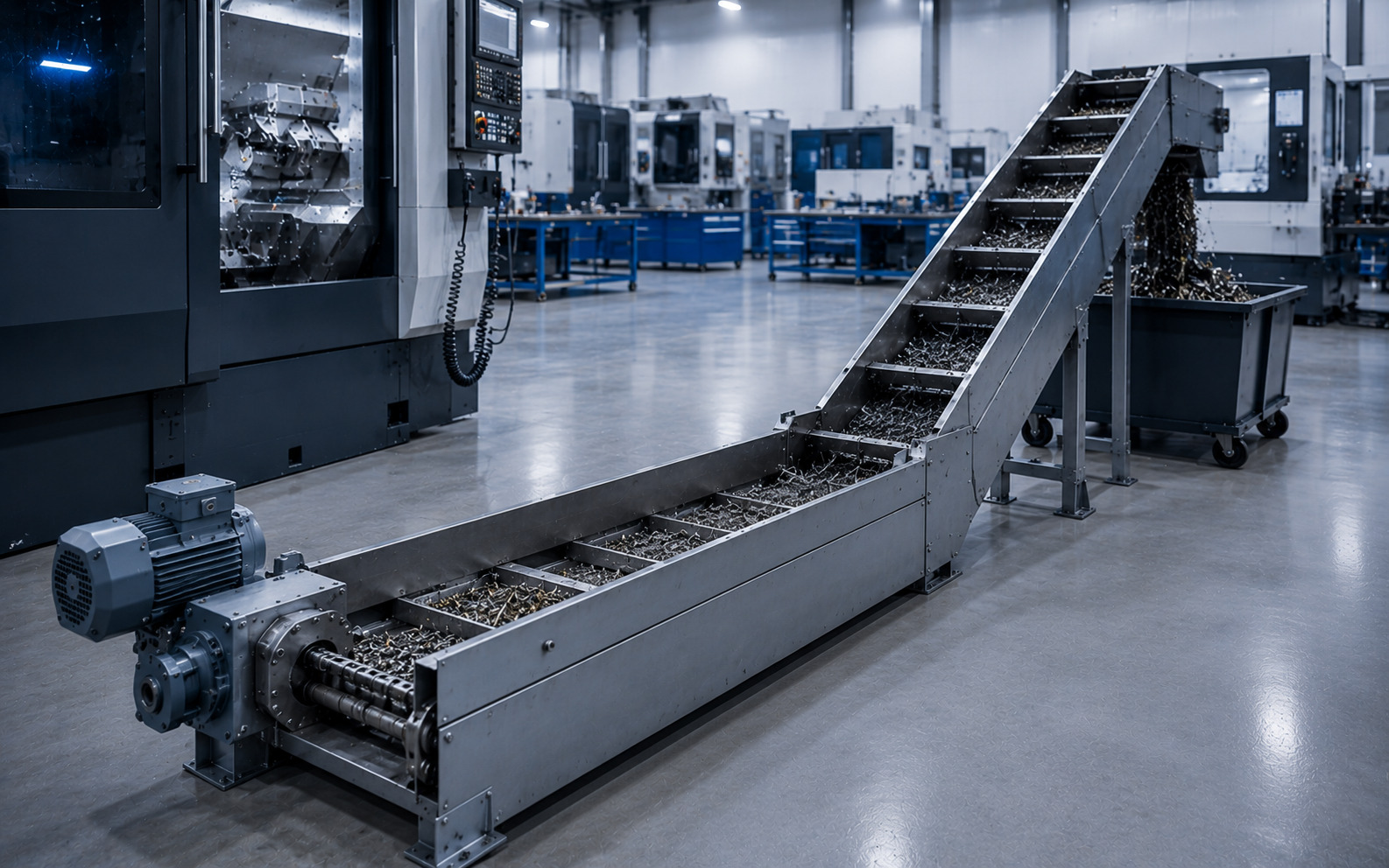 Roller conveyor for CNC chip removal
