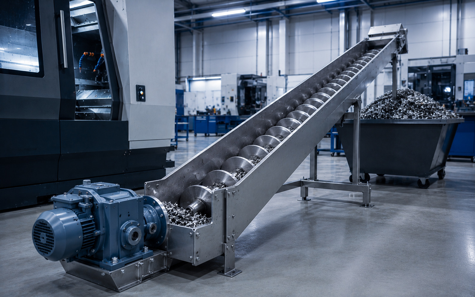 Screw conveyor for CNC chip removal